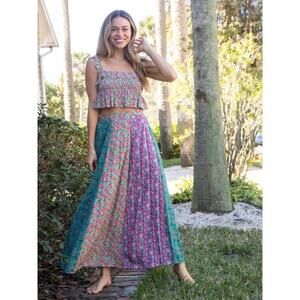 Natural Life Valentina Maxi Skirt Turquoise Mixed Print Floral EUC Medium Boho